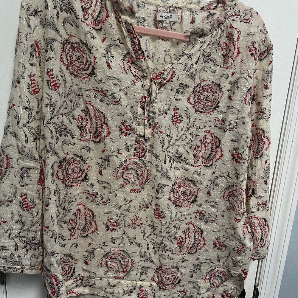 Madewell Boho top Med floral pattern shimmer fringe Blouse Cottagecore Coastal M